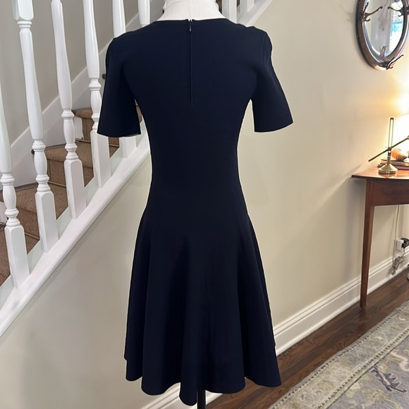 Akris Punto Short Sleeve Navy Dot Jacquard Scuba Fit and Flare Dress - Picture 2 of 15